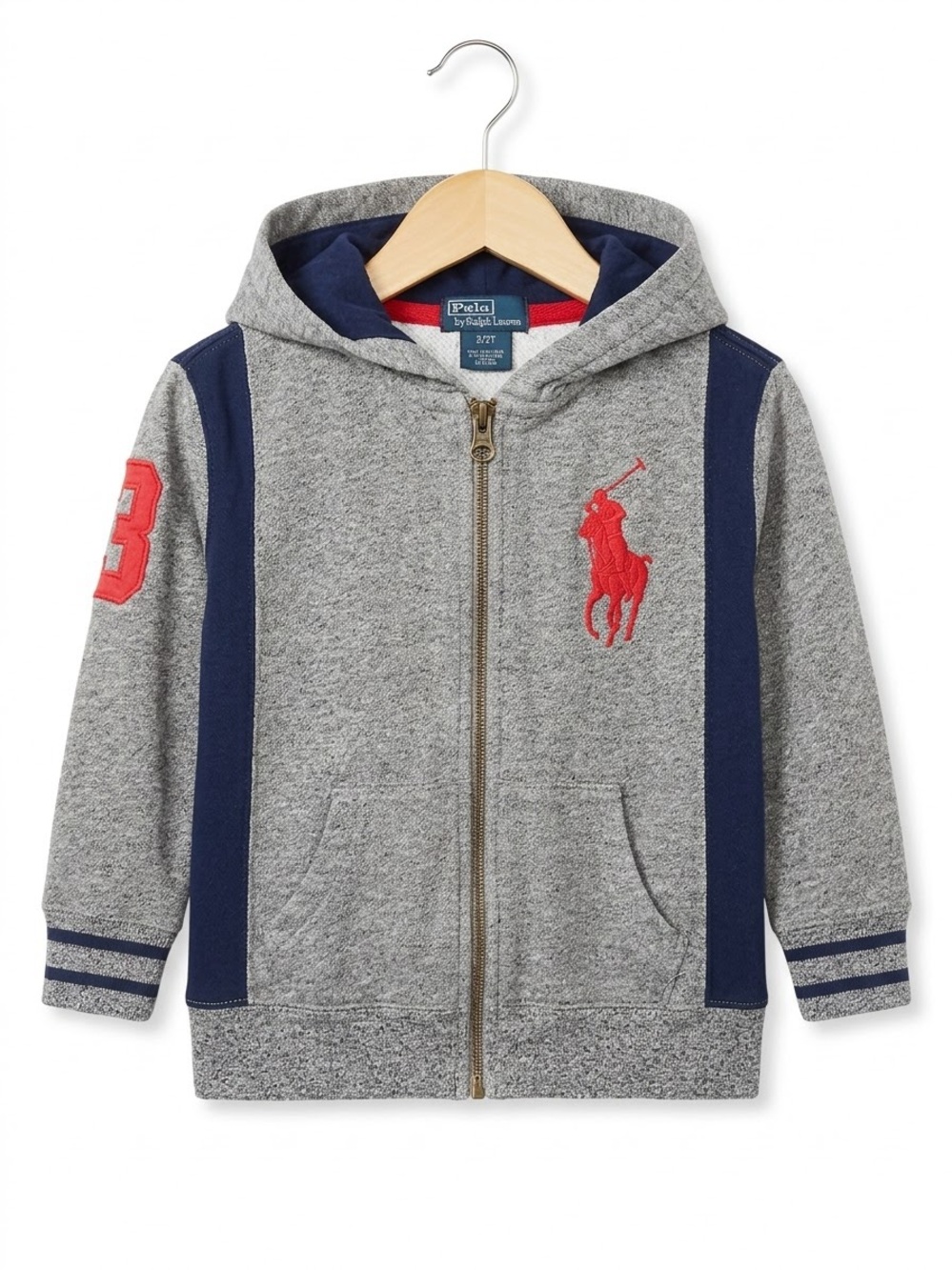 Polo Ralph Lauren Toddler Boys Big Pony number 3 Fleece Hoodie Gray Navy 2T